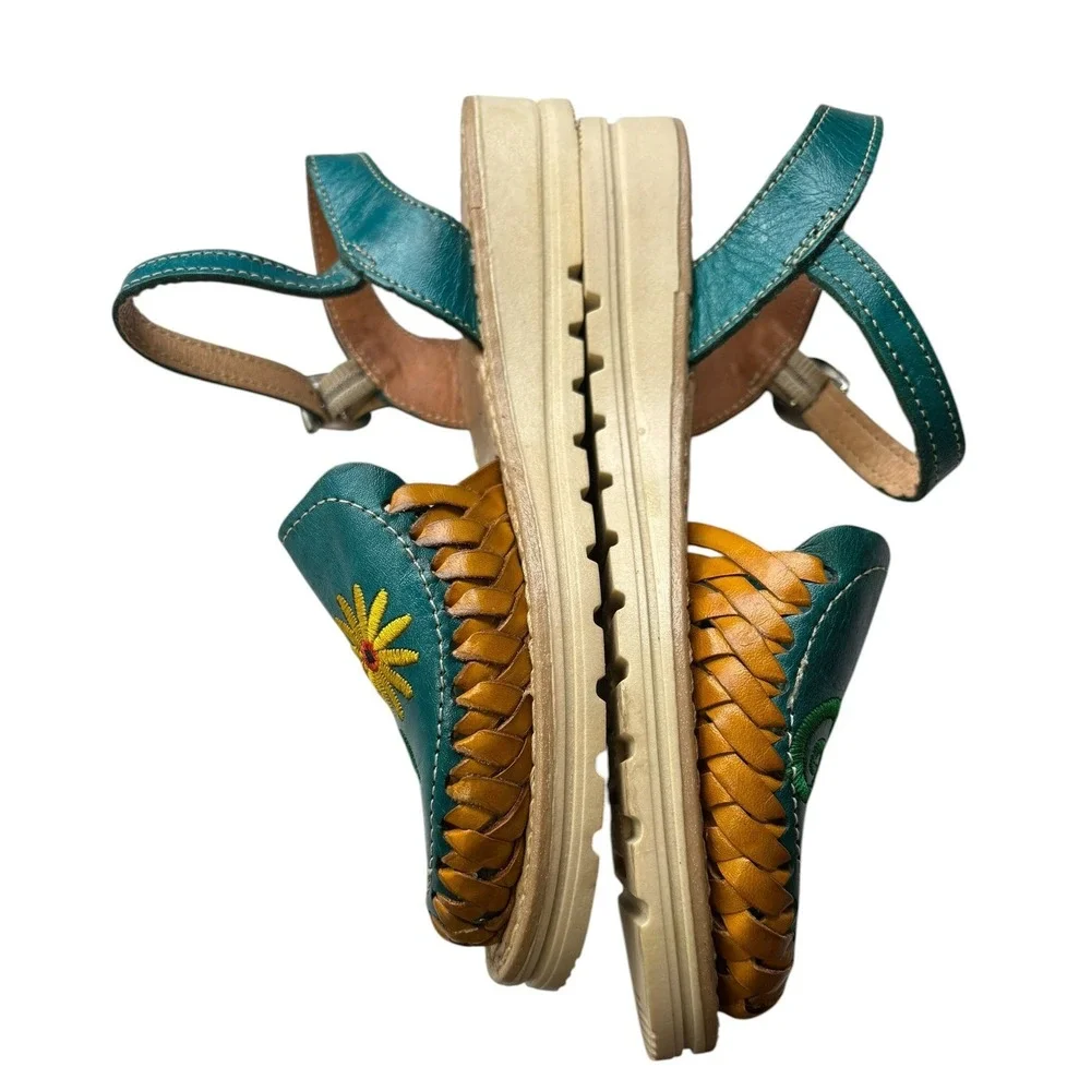 Mexican Huarache Leather‎ Floral Embroidered Slingback Sandals Boho Artisan 5
